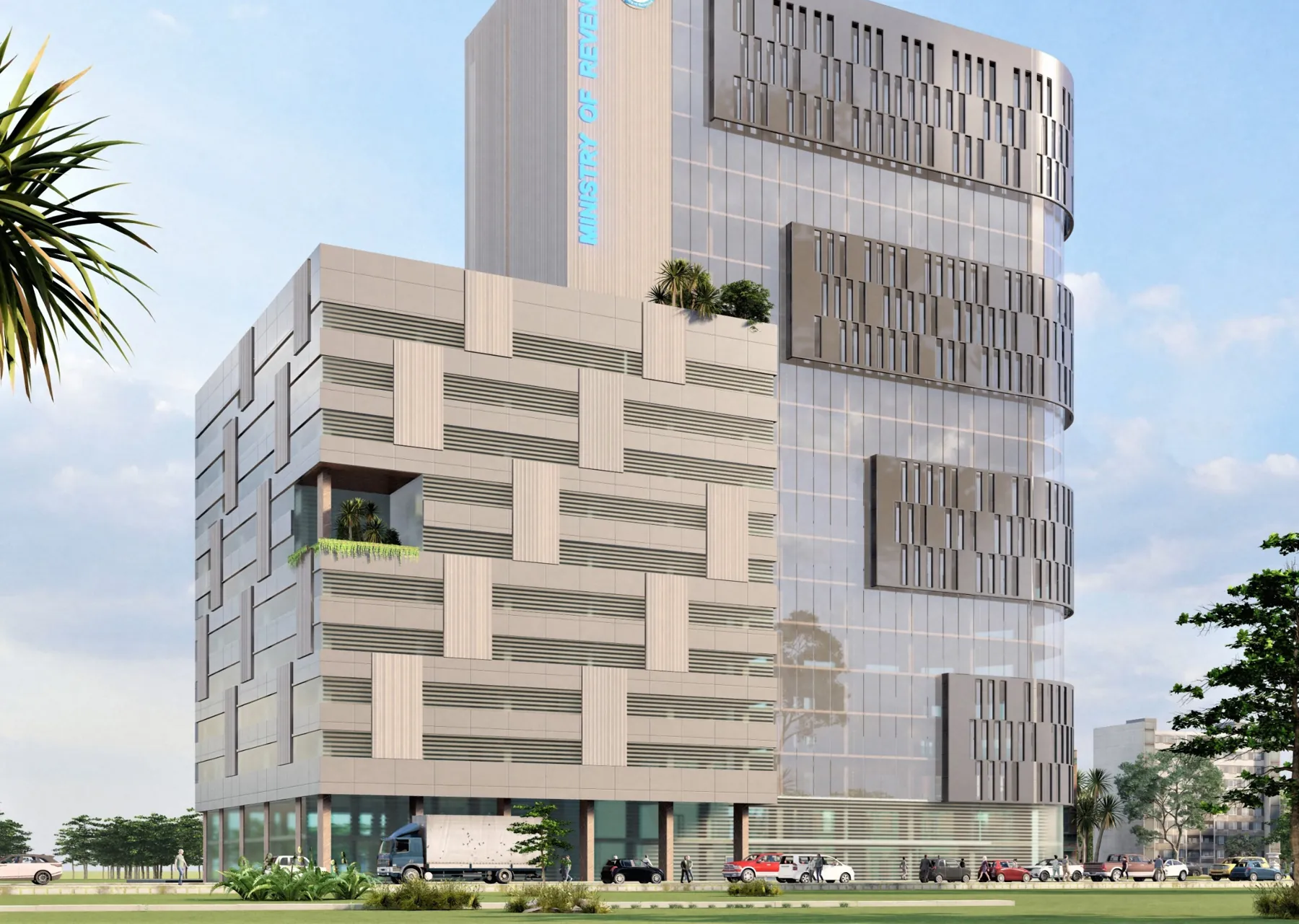 Rendering of a stepped office tower with layered horizontal facade panels