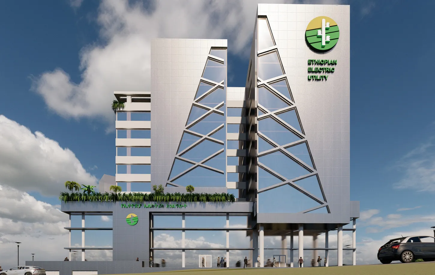 Rendering of a white office building with angled diagonal bracing on the facade