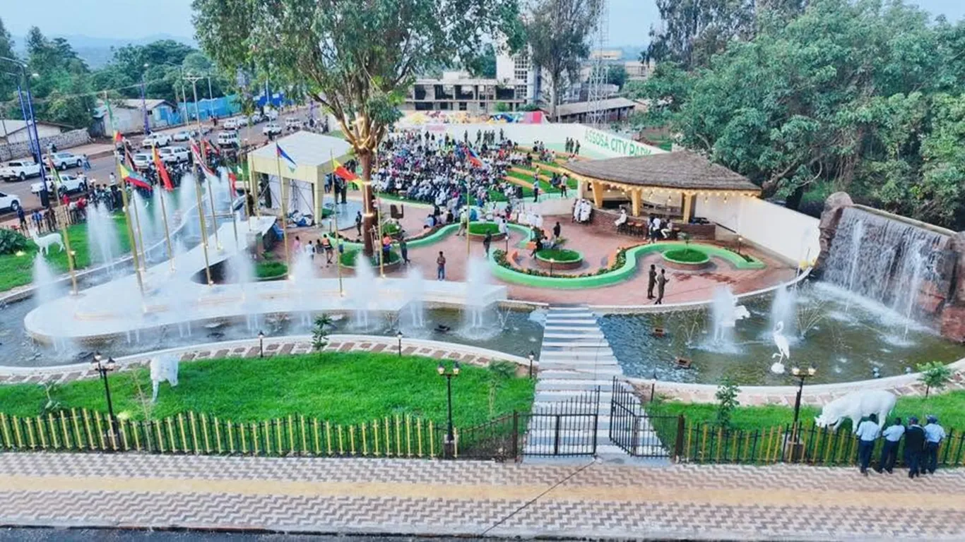 Aerial view of the completed Assosa City Park with fountains, pond, amphitheatre and landscaped lawns