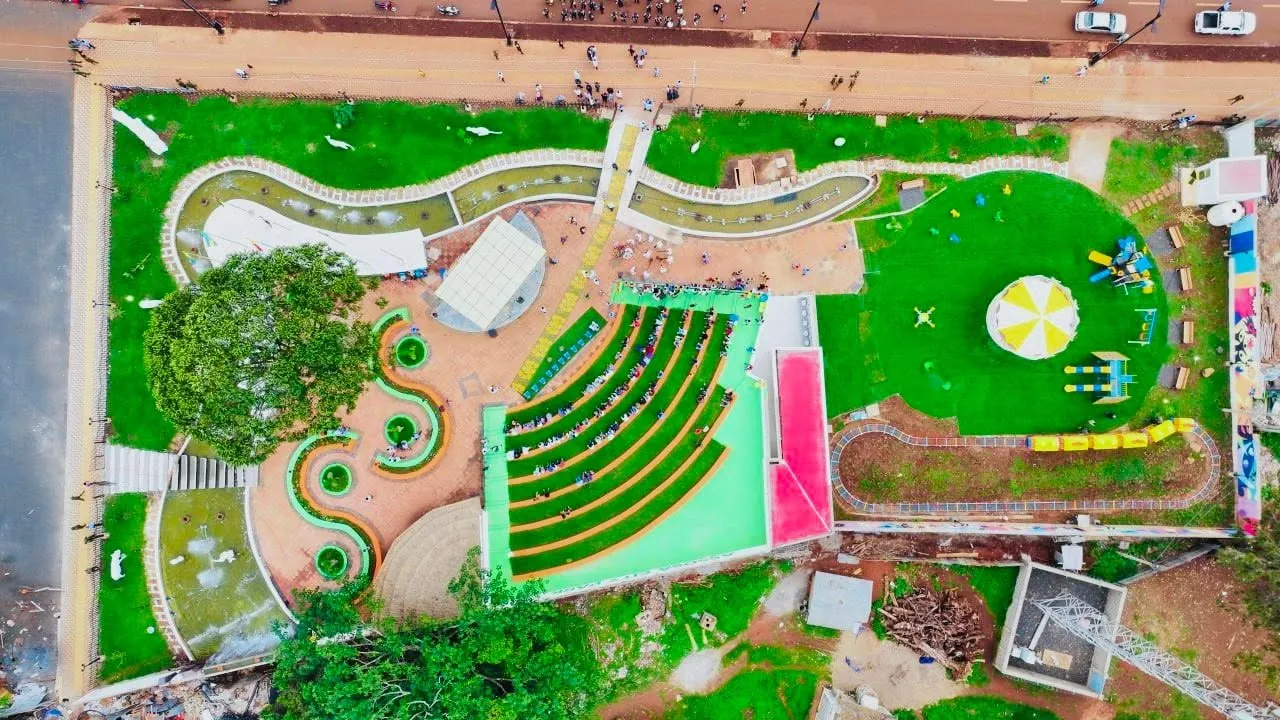 Drone plan view of Assosa City Park showing the amphitheatre, pond and play area